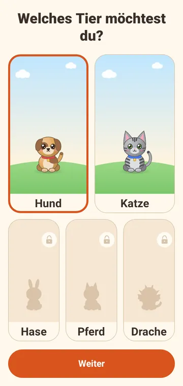 App-Bildschirm „Welches Tier möchtest du?“ mit Hund und Katze zur Auswahl