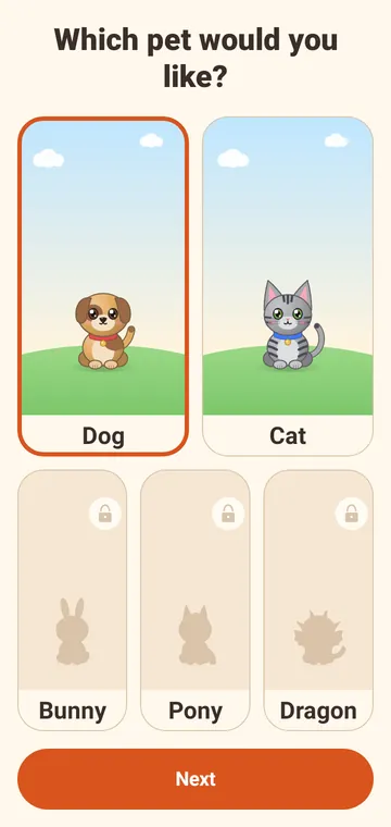 App screen “Which pet would you like?” with a dog and a cat to choose from
