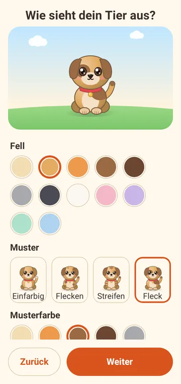 App-Bildschirm „Wie sieht dein Tier aus?“ mit Fellfarben und Mustern
