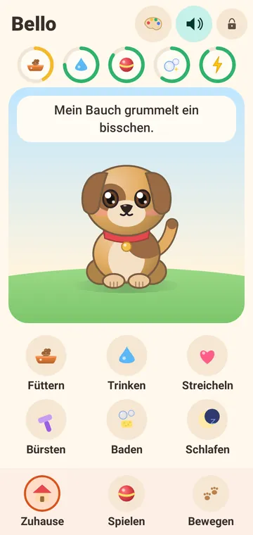 Startbildschirm „Zuhause“: der Hund Bello auf der Wiese, darüber fünf Symbole für Futter, Wasser, Spaß, Sauber und Schlaf