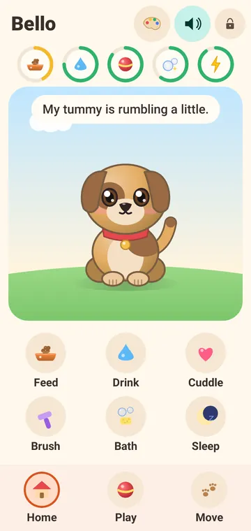 Home screen: the dog Bello in the meadow, above it five symbols for food, water, fun, clean and sleep