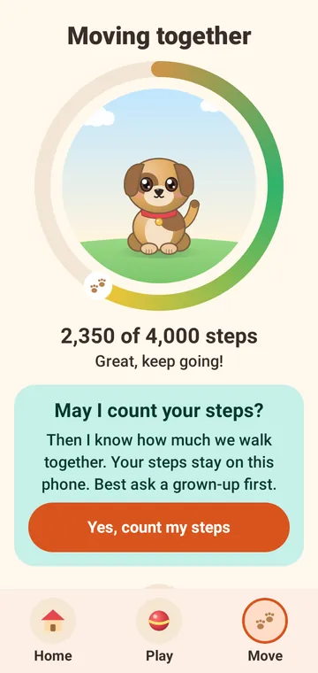 Moving: a ring showing 2,350 of 4,000 steps around the dog