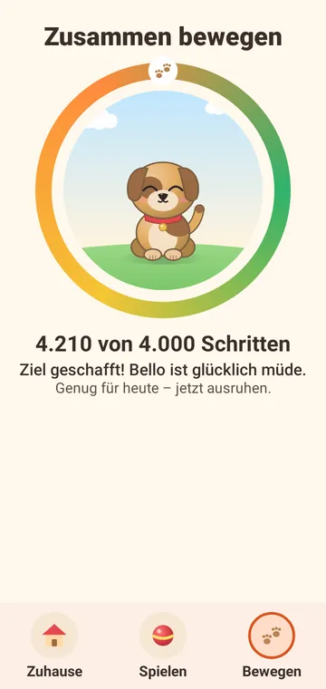 Ziel geschafft: 4.210 von 4.000 Schritten, das Tier ist glücklich müde