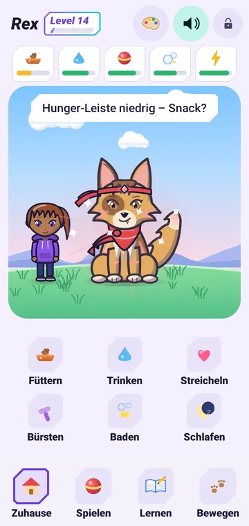 Der Hund Rex im Anime-Stil in seiner dritten Form mit Stirnband, Halstuch und leuchtender Aura, daneben der Avatar, oben Level 14