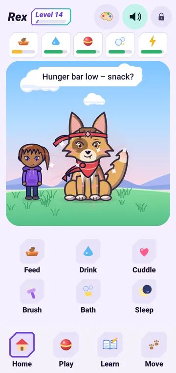 Rex the dog in anime style in his third form with headband, scarf and glowing aura, next to him the avatar, level 14 at the top