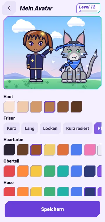 Mein Avatar: Kind und Katze im Anime-Stil, darunter Farben für Haut, Frisur, Haarfarbe, Oberteil und Hose