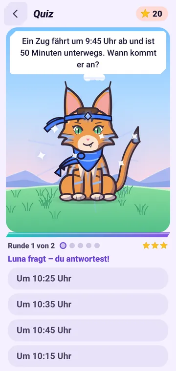 Quiz: Die Katze fragt in einer Sprechblase, darunter vier Antworten