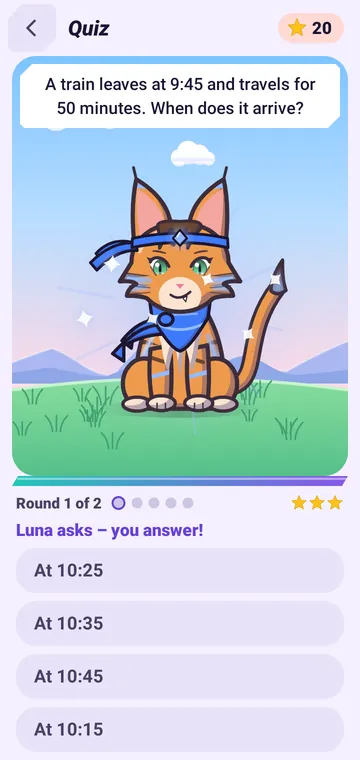 Quiz: the cat asks in a speech bubble, below four answers