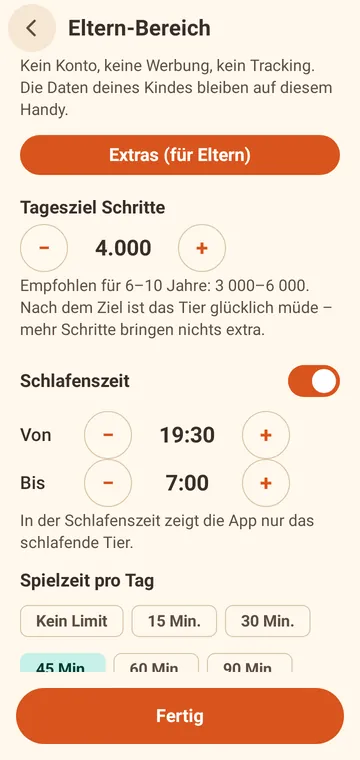 Eltern-Bereich mit Tagesziel Schritte, Schlafenszeit und Spielzeit pro Tag