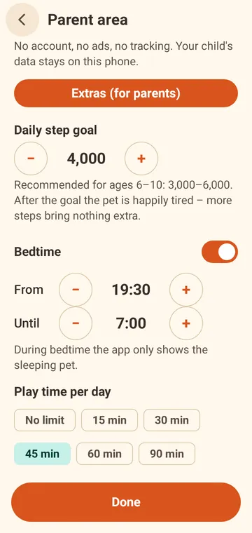 Parent area with daily step goal, bedtime and play time per day