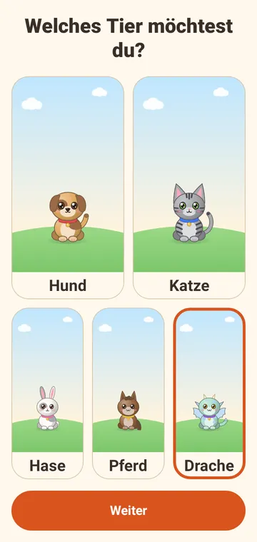 Tier-Auswahl mit Hund, Katze, Hase, Pferd und Drache