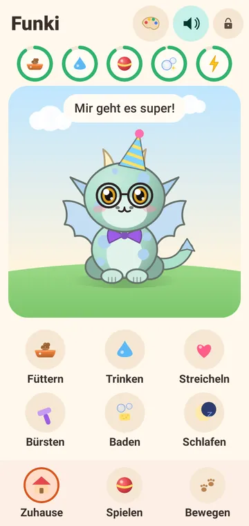 Ein Drache mit Partyhut, Brille und Fliege auf der Wiese