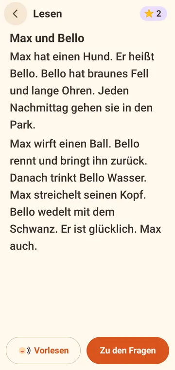 Lesen: Geschichte „Max und Bello“ in großer Schrift, unten die Knöpfe „Vorlesen“ und „Zu den Fragen“